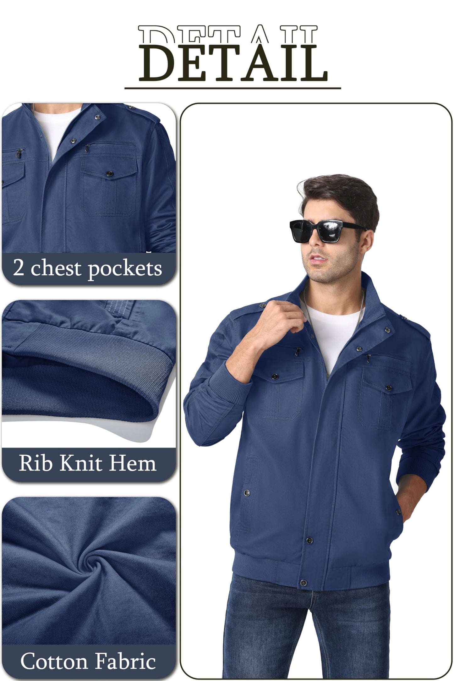 MAGNIVIT Men's Military Lightweight Army Windbreaker Cargo Jacket With Stand Collar, Zip Front, 7 Pockets - Cotton