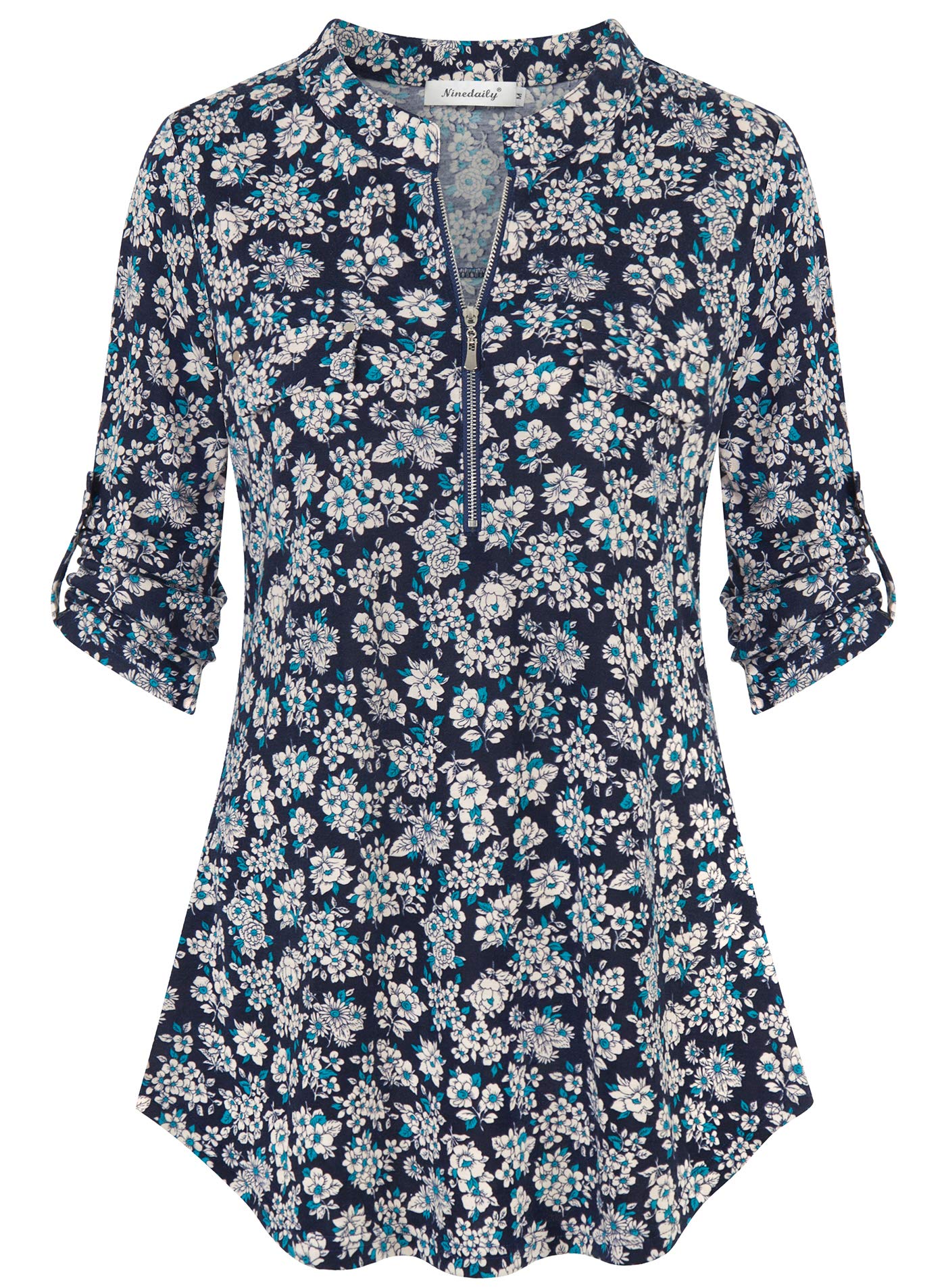Ninedaily Women's 3/4 Sleeve Plaid Shirts Zip Floral Casual Tunic Blouse Tops