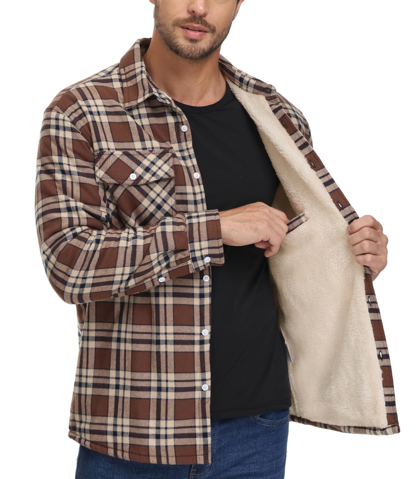 MAGNIVIT Mens Flannel Plaid Shirts Fleece Warm Winter Coat Sherpa Lining Jackets Soft Thickened Outwear Casual Outdoor Travel