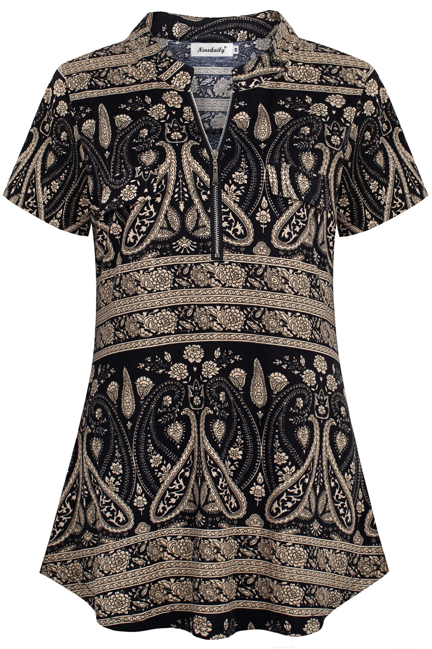 Ninedaily Women's Summer Tops Short Sleeve Casual Blouse Zip Floral Tunic Shirts