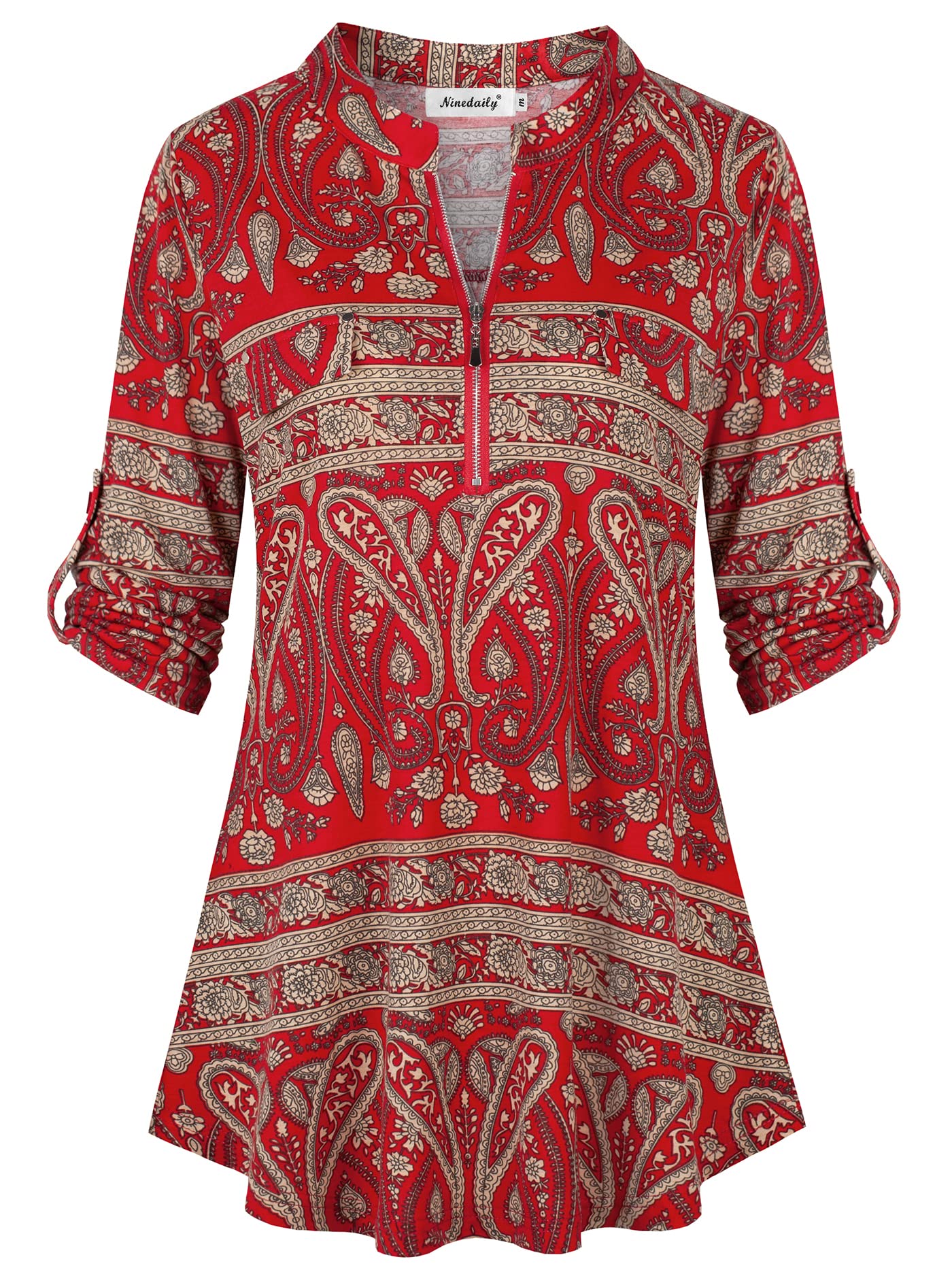 Ninedaily Women's 3/4 Sleeve Plaid Shirts Zip Floral Casual Tunic Blouse Tops