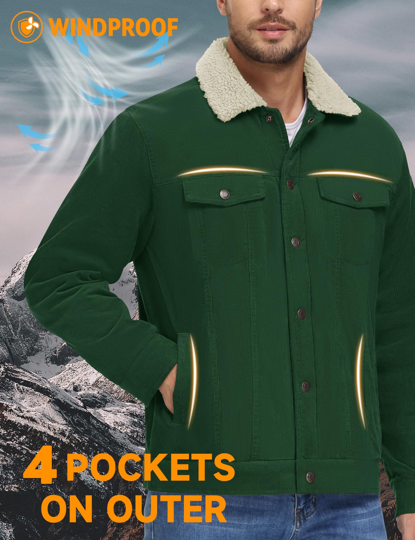 MAGNIVIT Men's Corduroy Fleece Cargo Jacket Winter Snap Button Lapel Sherpa Lined Trucker Cowboy Coat with 5 Pockets