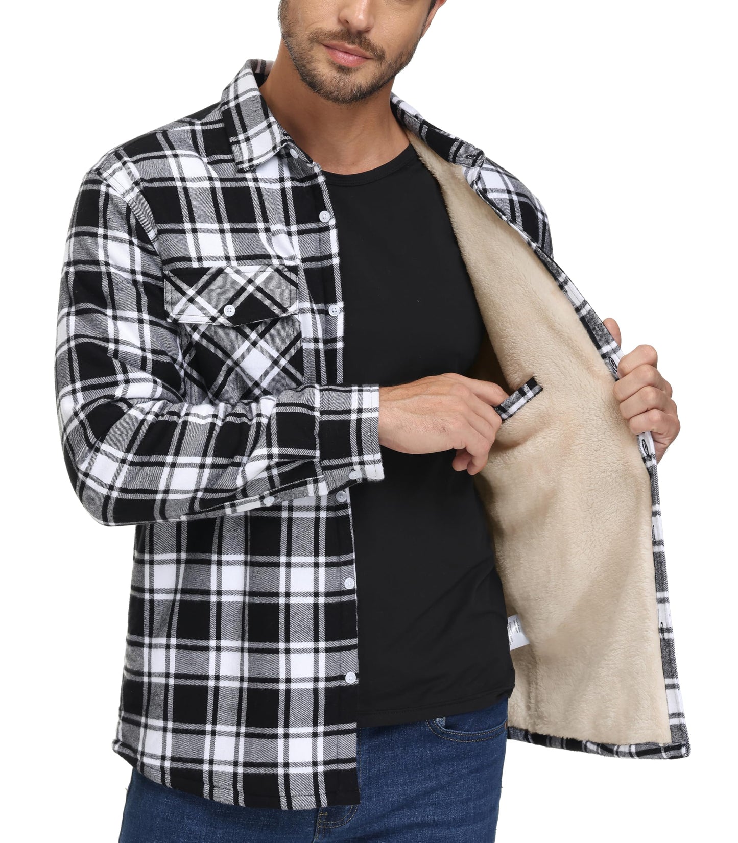 MAGNIVIT Mens Flannel Plaid Shirts Fleece Warm Winter Coat Sherpa Lining Jackets Soft Thickened Outwear Casual Outdoor Travel