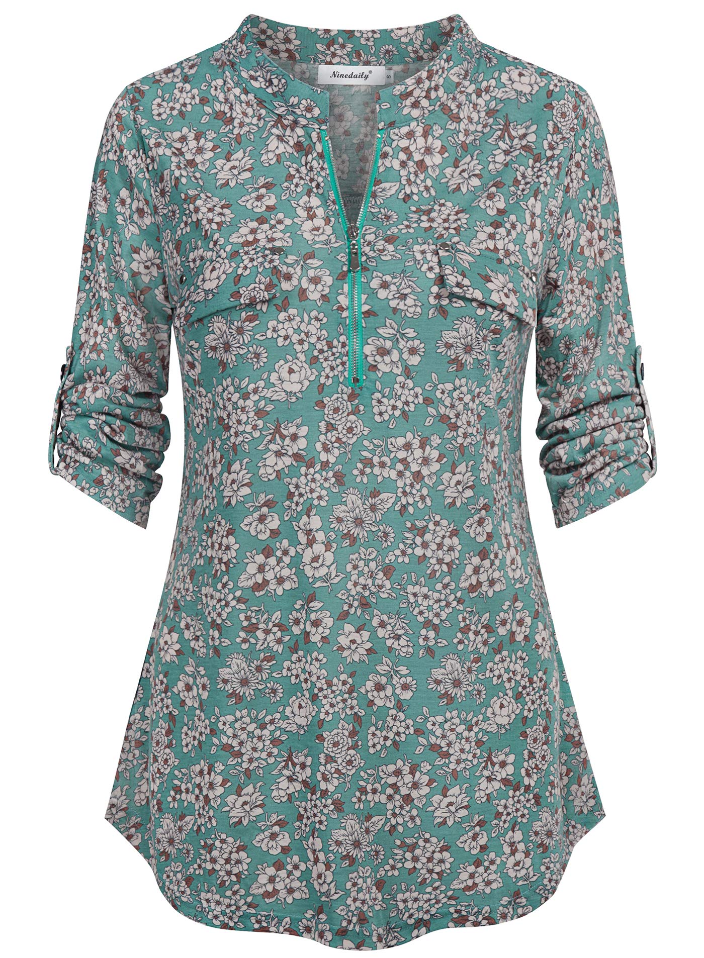 Ninedaily Women's 3/4 Sleeve Plaid Shirts Zip Floral Casual Tunic Blouse Tops