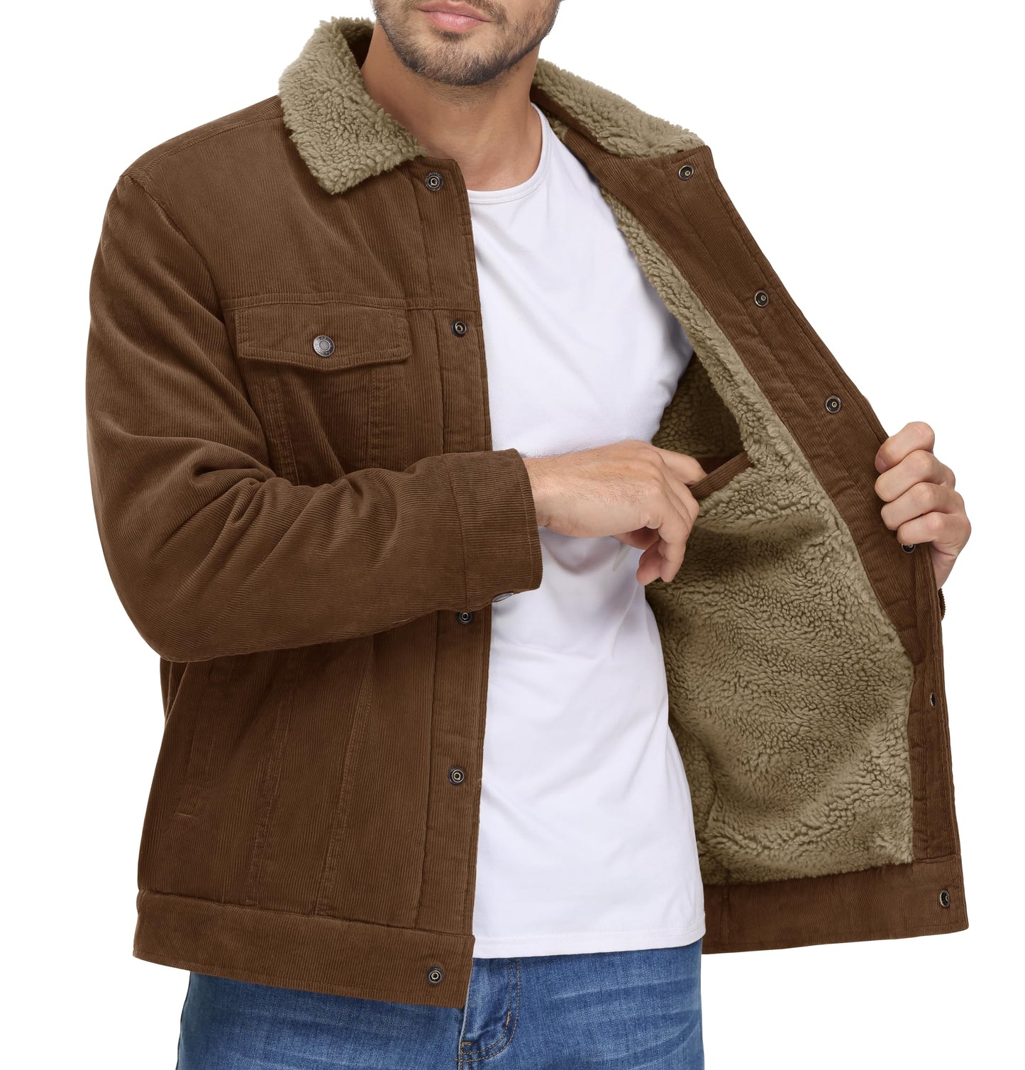 MAGNIVIT Men's Corduroy Fleece Cargo Jacket Winter Snap Button Lapel Sherpa Lined Trucker Cowboy Coat with 5 Pockets