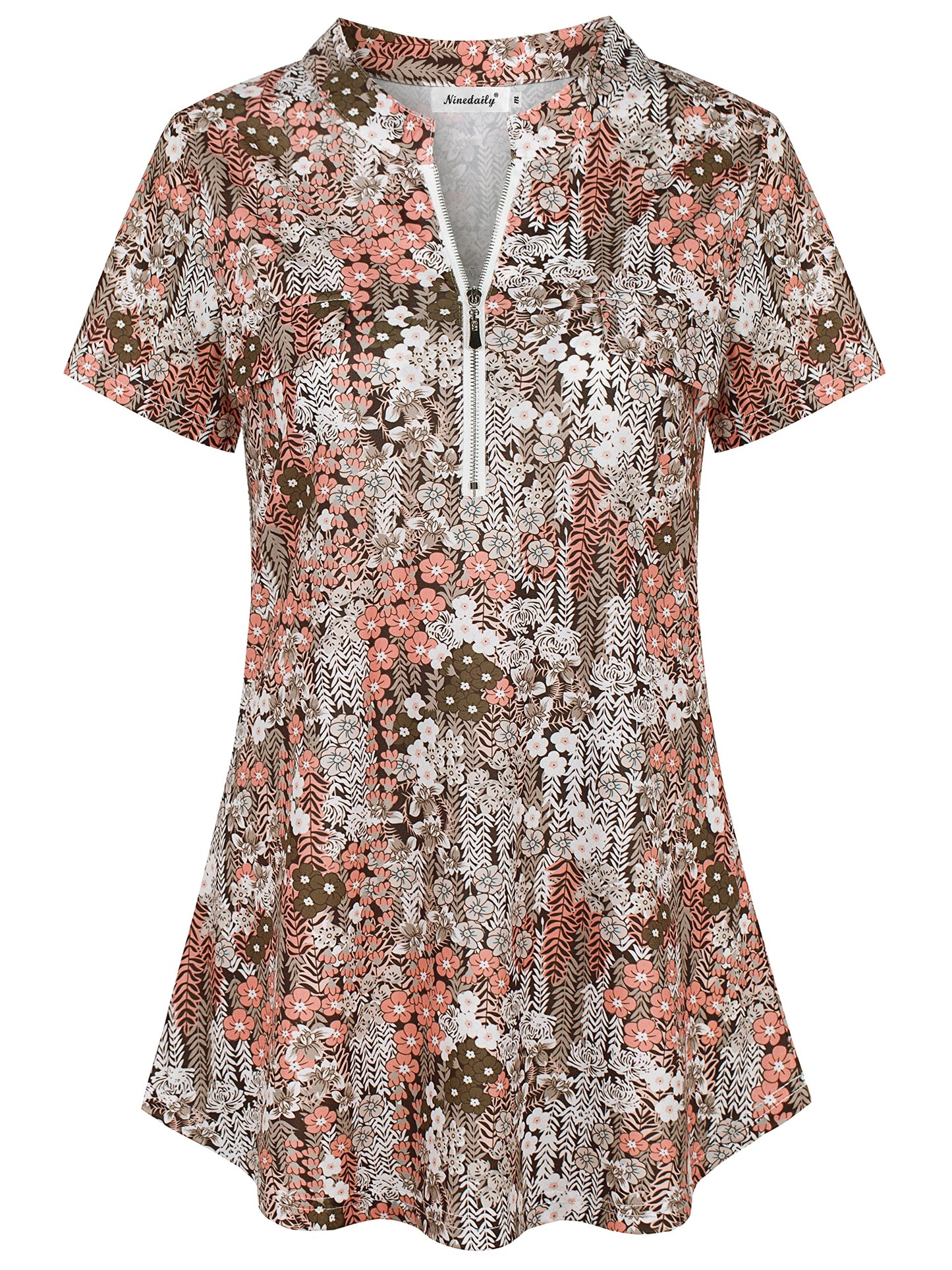 Ninedaily Women's Summer Tops Short Sleeve Casual Blouse Zip Floral Tunic Shirts