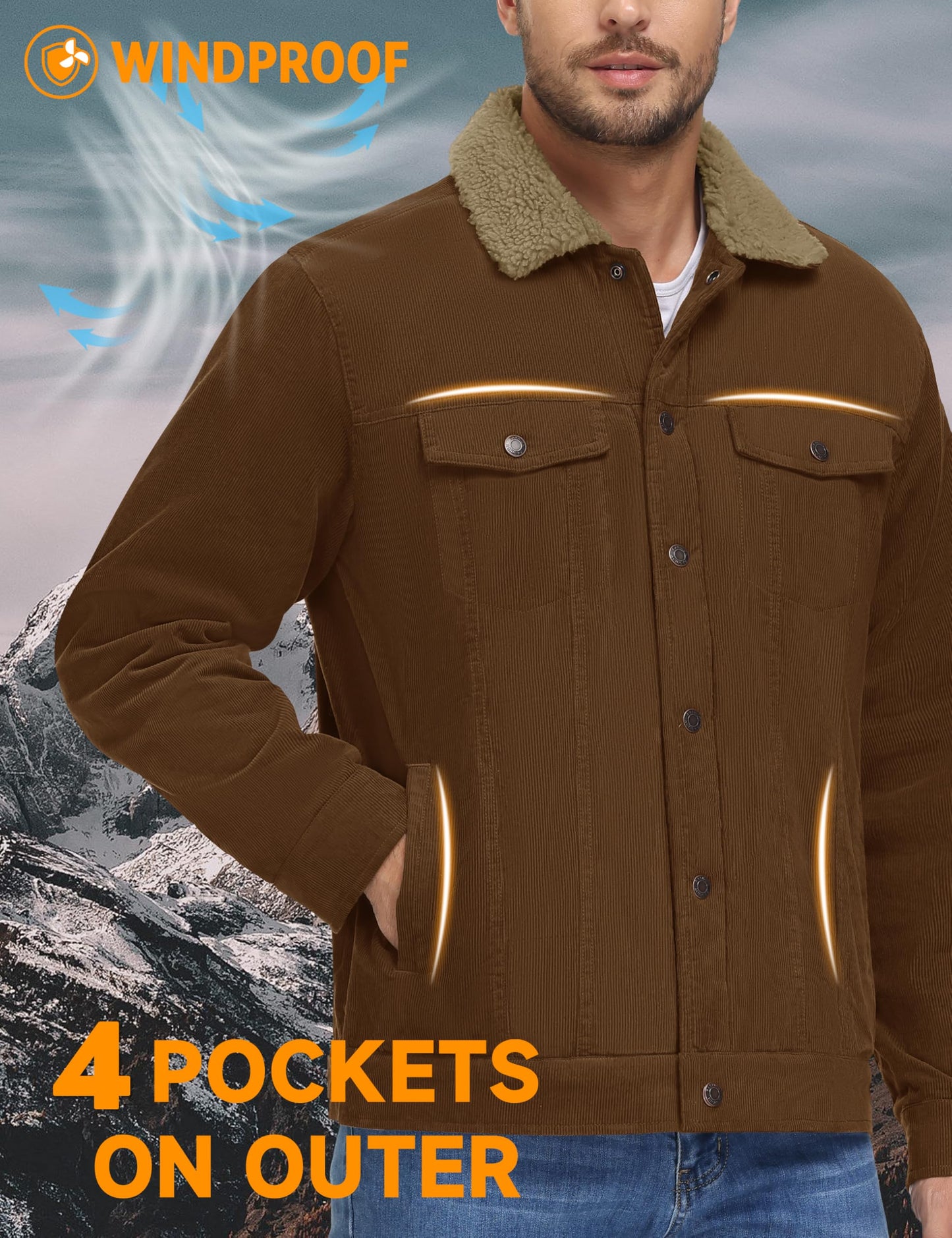 MAGNIVIT Men's Corduroy Fleece Cargo Jacket Winter Snap Button Lapel Sherpa Lined Trucker Cowboy Coat with 5 Pockets