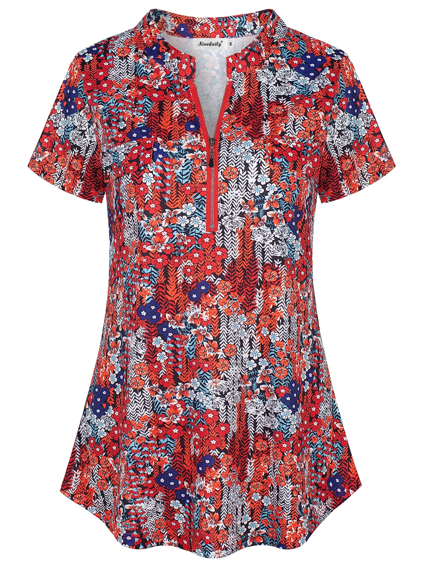 Ninedaily Women's Summer Tops Short Sleeve Casual Blouse Zip Floral Tunic Shirts